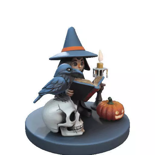 2550Halloween Witch with Spell book Skull Raven and Pumpkin 3D print model_11