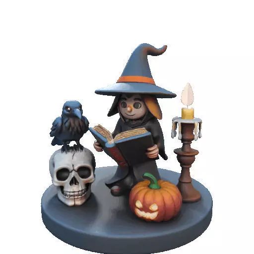 2550Halloween Witch with Spell book Skull Raven and Pumpkin 3D print model_36