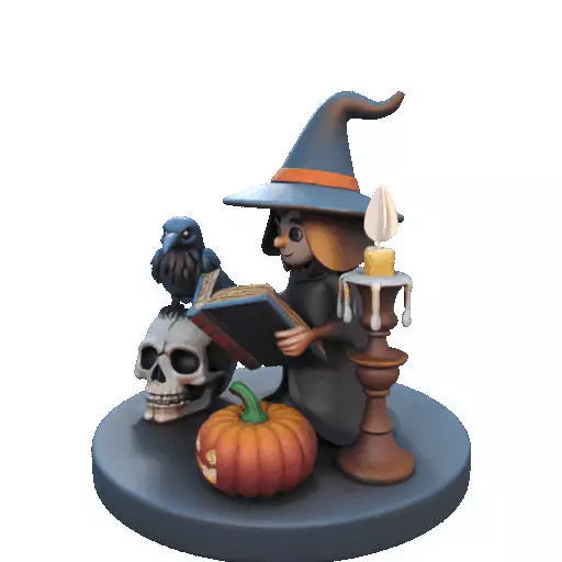 2550Halloween Witch with Spell book Skull Raven and Pumpkin 3D print model_33