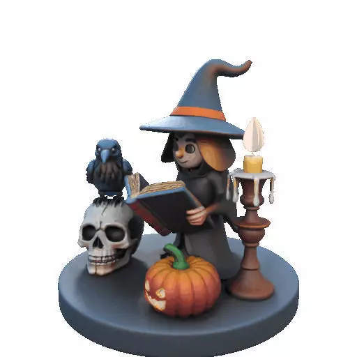 2550Halloween Witch with Spell book Skull Raven and Pumpkin 3D print model_34