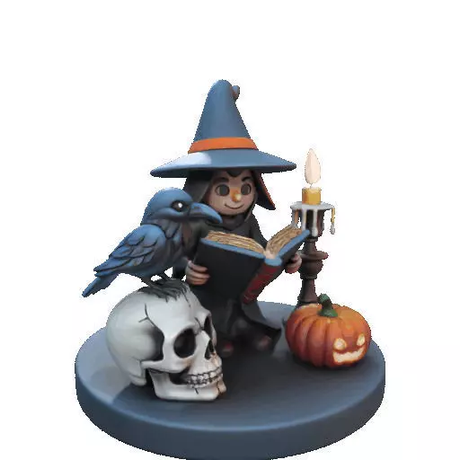 2550Halloween Witch with Spell book Skull Raven and Pumpkin 3D print model_10