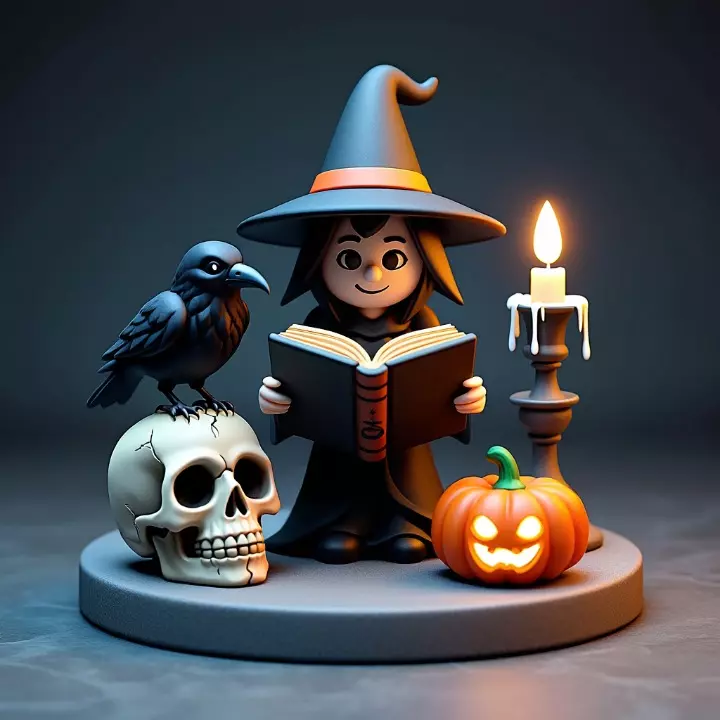 2550Halloween Witch with Spell book Skull Raven and Pumpkin 3D print model_0