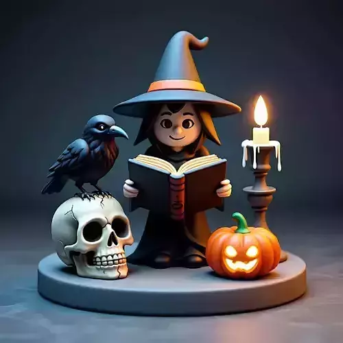 2550Halloween Witch with Spell book  Skull  Raven and Pumpkin