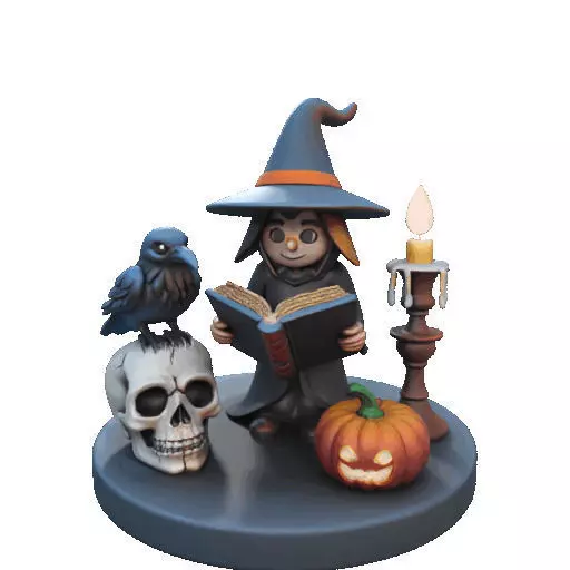 2550Halloween Witch with Spell book Skull Raven and Pumpkin 3D print model_37