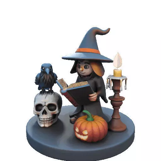 2550Halloween Witch with Spell book Skull Raven and Pumpkin 3D print model_35