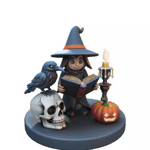 2550Halloween Witch with Spell book Skull Raven and Pumpkin 3D print model_9