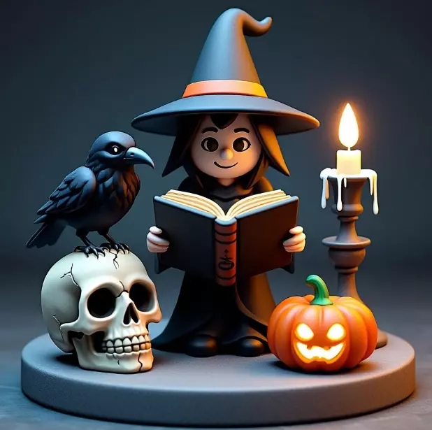 2550Halloween Witch with Spell book Skull Raven and Pumpkin 3D print model_4