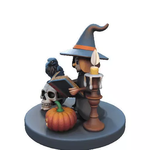 2550Halloween Witch with Spell book Skull Raven and Pumpkin 3D print model_32
