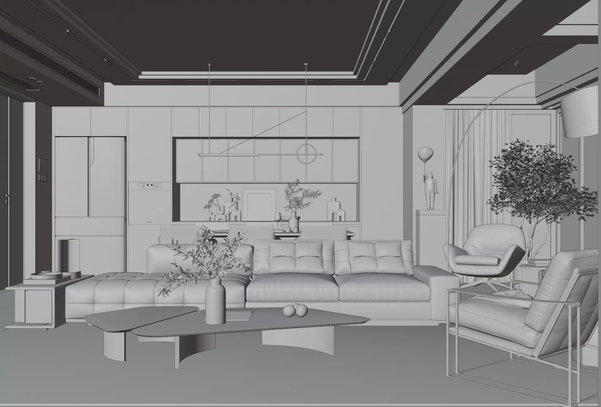 Modern Minimalst Living Room and Kitchen 3D model_8