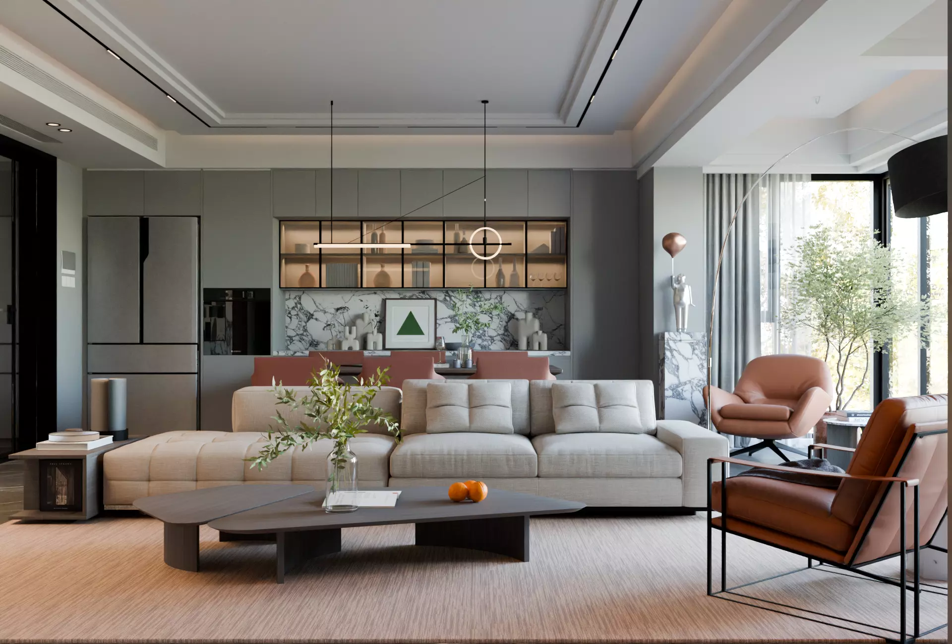 Modern Minimalst Living Room and Kitchen 3D model_0