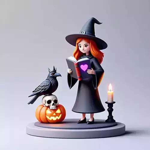 2552Halloween Witch with Spell book  Skull  Raven and Pumpkin