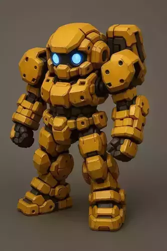 Cute Yellow Mech 3D Model Blue Eyes Blocky Chibi Design