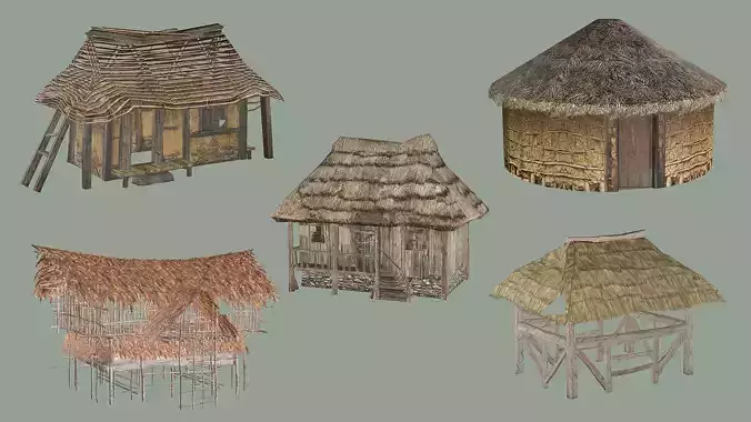 Wooden Hut Collection Low-Poly 3D Model