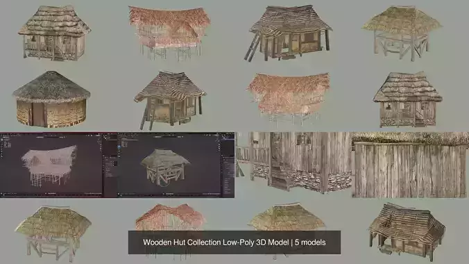 Wooden Hut Collection Low-Poly 3D Model