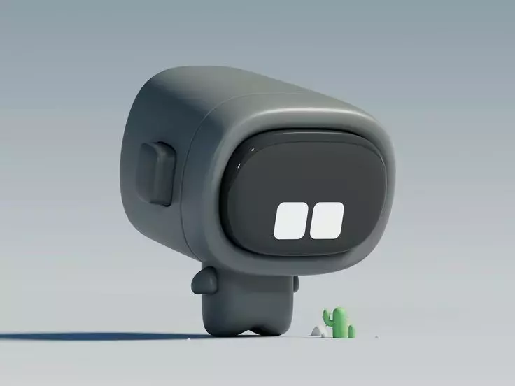 Cute Grey Robot 3D Model LowPoly Minimalist Design Tiny Cactus Low-poly 3D model_0
