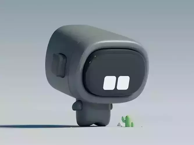Cute Grey Robot 3D Model LowPoly Minimalist Design Tiny Cactus