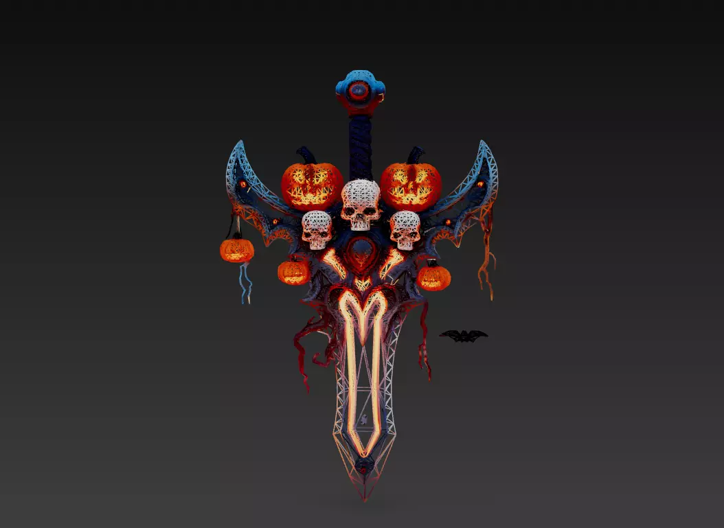 Pumpkin Requiem Sword - Stylized Halloween Skullblade 15K Low-poly 3D model_0