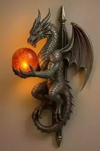 Luxury Dragon Wall Sculpture 3D Model Glowing Orb Metal Texture