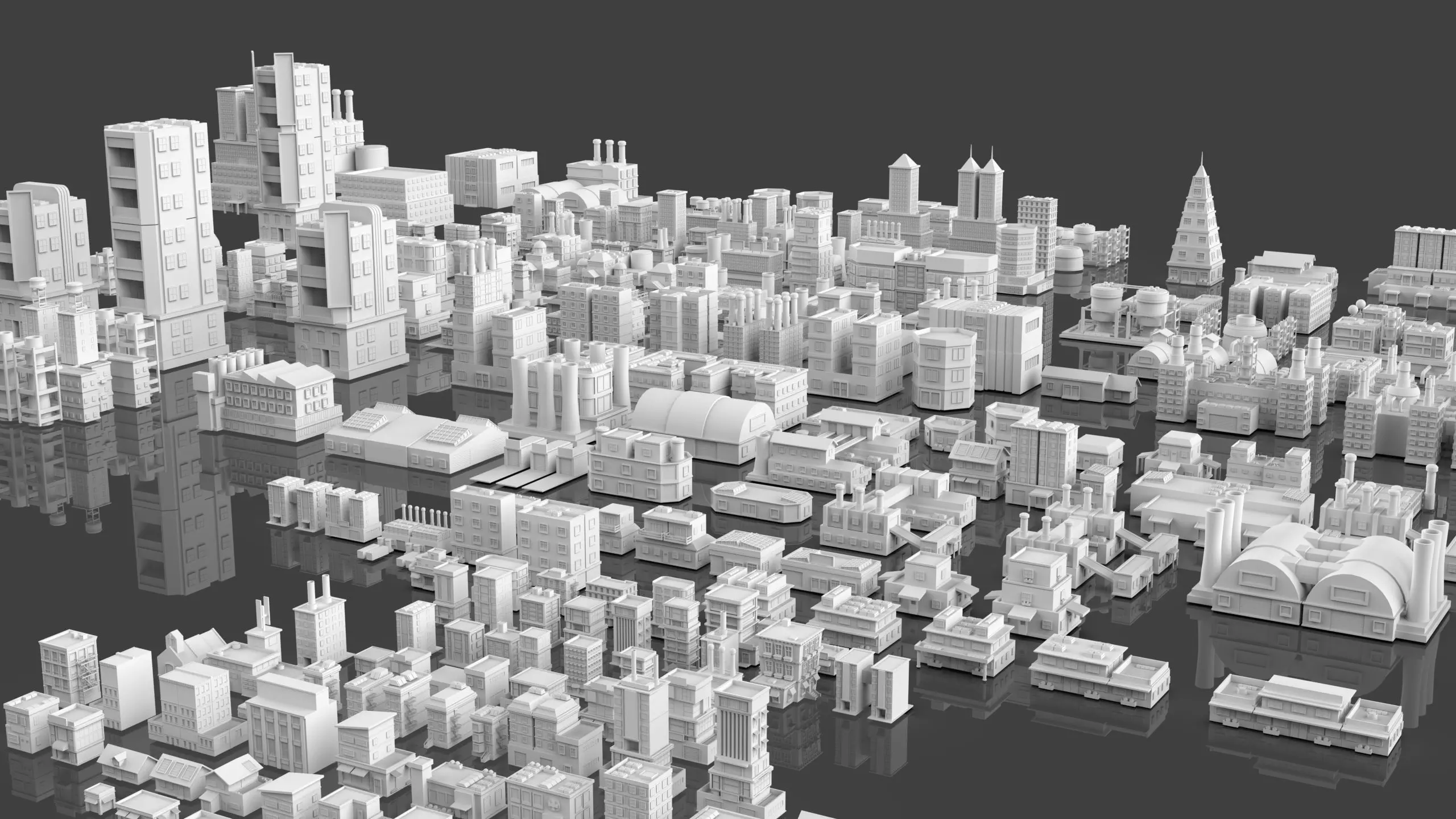 Low Poly City Buildings Pack Of 280 - Game Ready - Untextured Low-poly 3D model_6