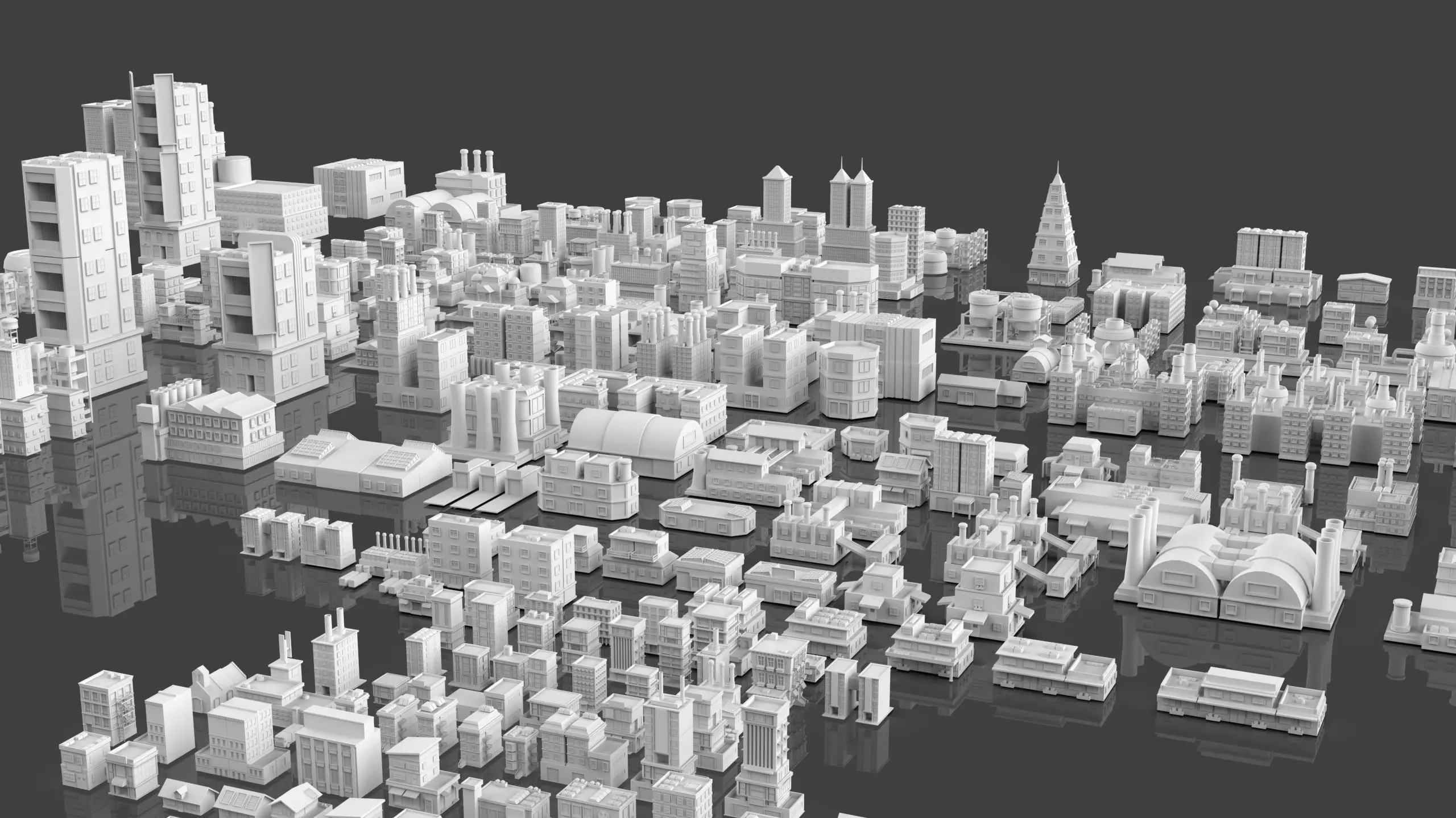 Low Poly City Buildings Pack Of 280 - Game Ready - Untextured Low-poly 3D model_3