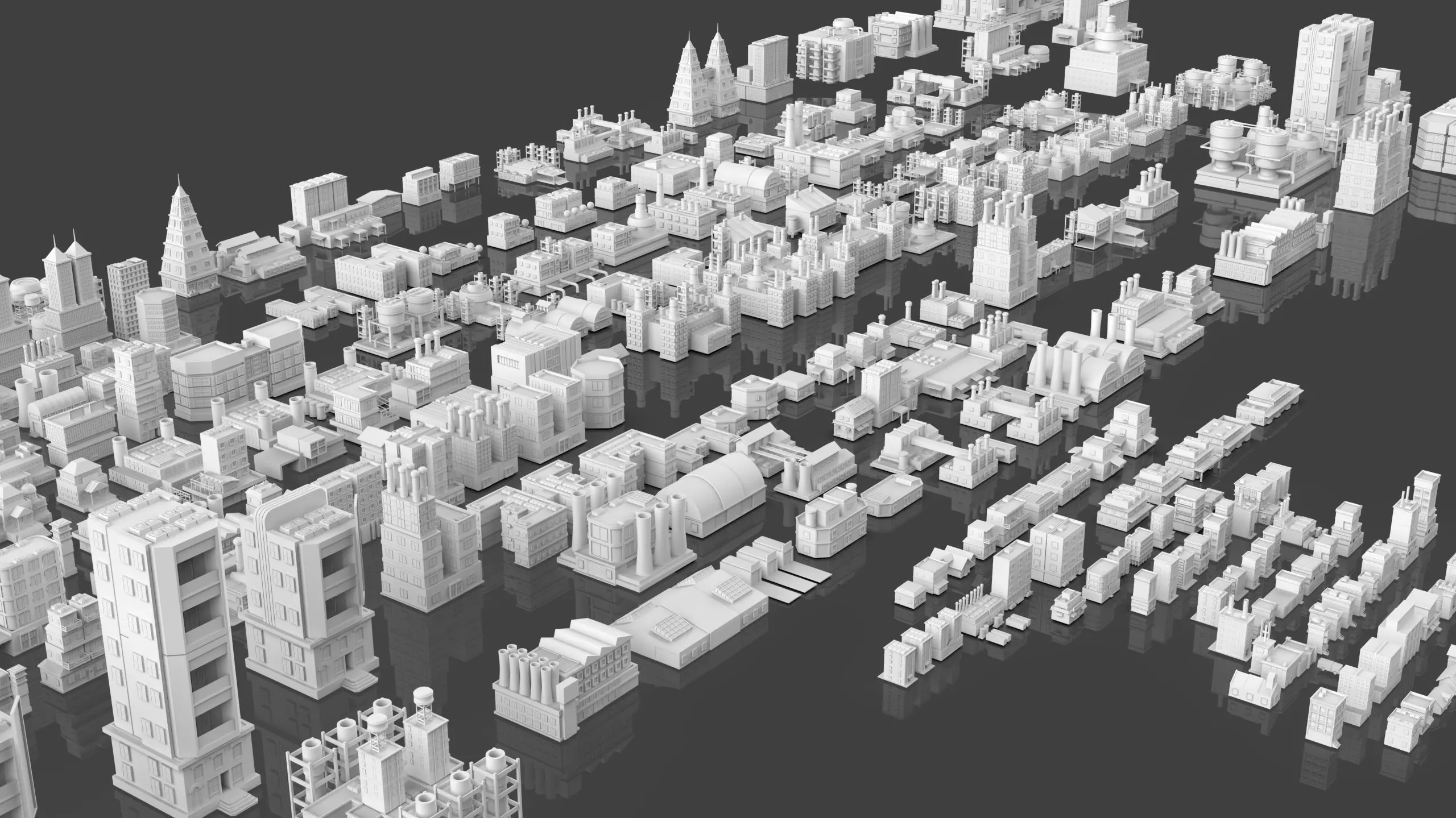 Low Poly City Buildings Pack Of 280 - Game Ready - Untextured Low-poly 3D model_2