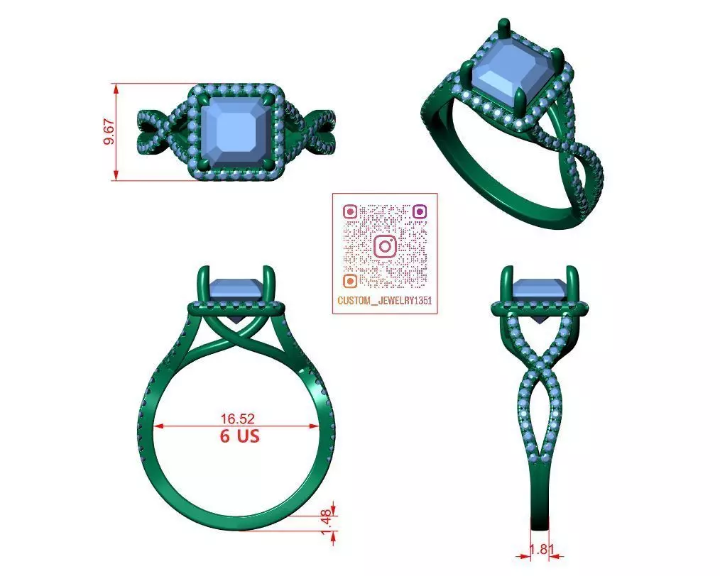 Asscher Engagement Ring 3D print model_6