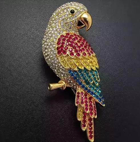 Golden Majesty Multicolor Gemstone Parrot Brooch in Gold Finish