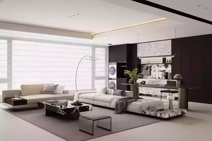 Minimalist living and dining room