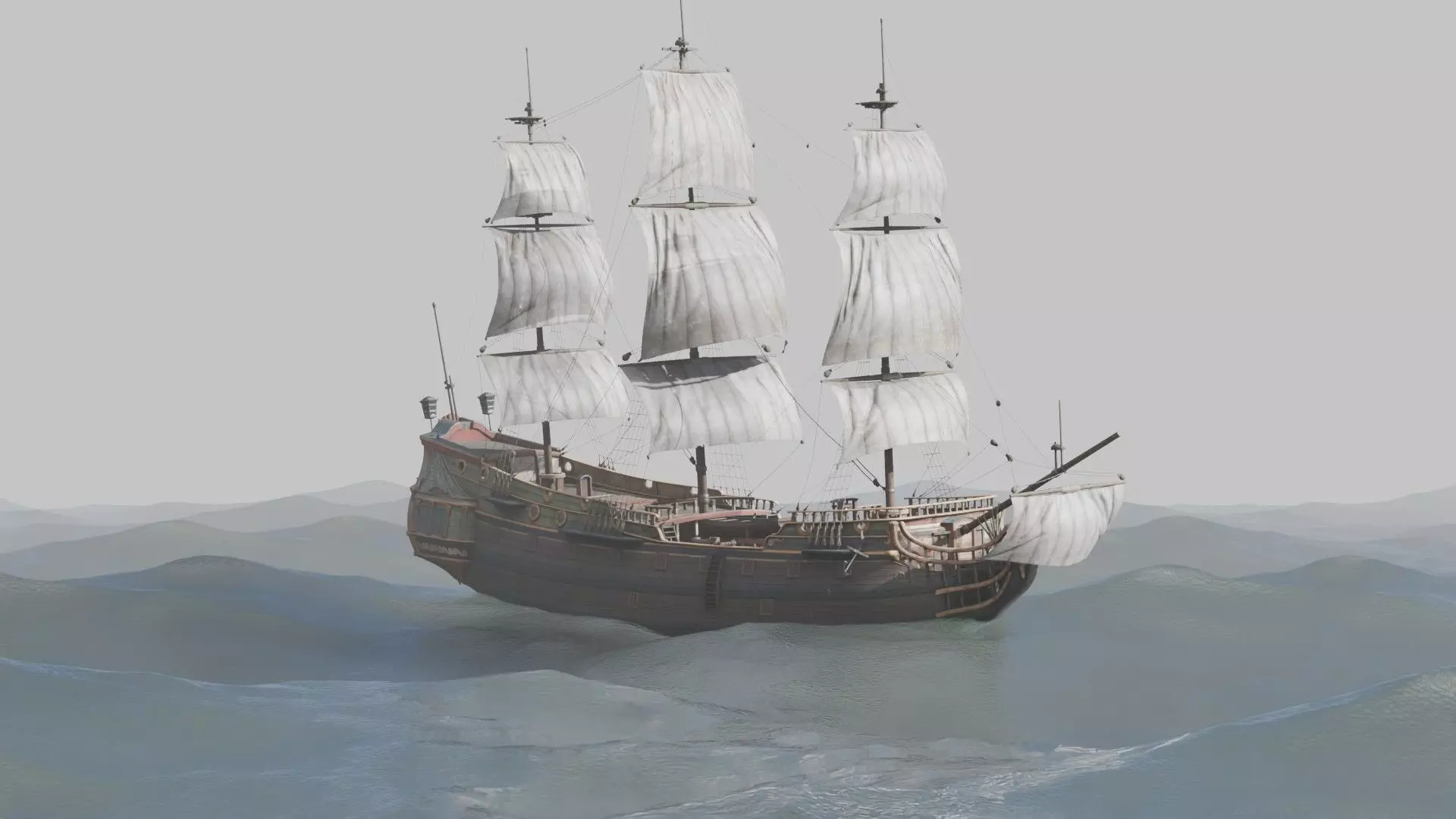 Pirate Ship In The Middle Of The Ocean 3D model_0