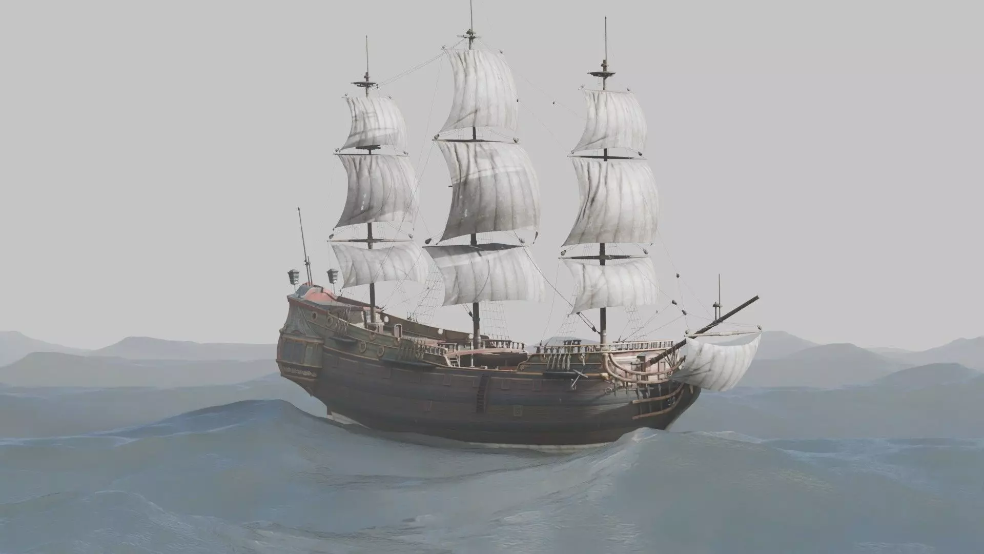 Pirate Ship In The Middle Of The Ocean 3D model_6