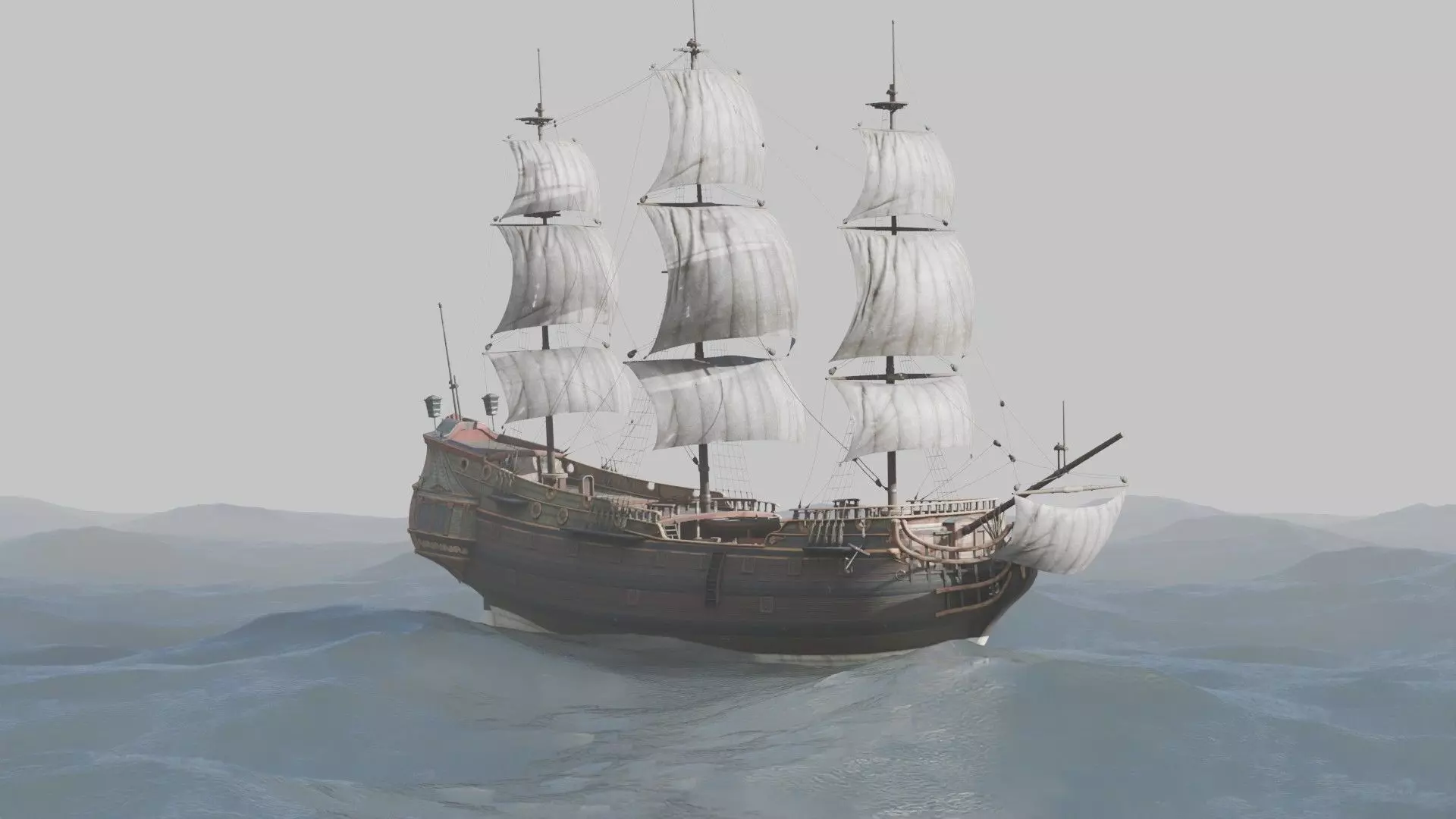 Pirate Ship In The Middle Of The Ocean 3D model_7