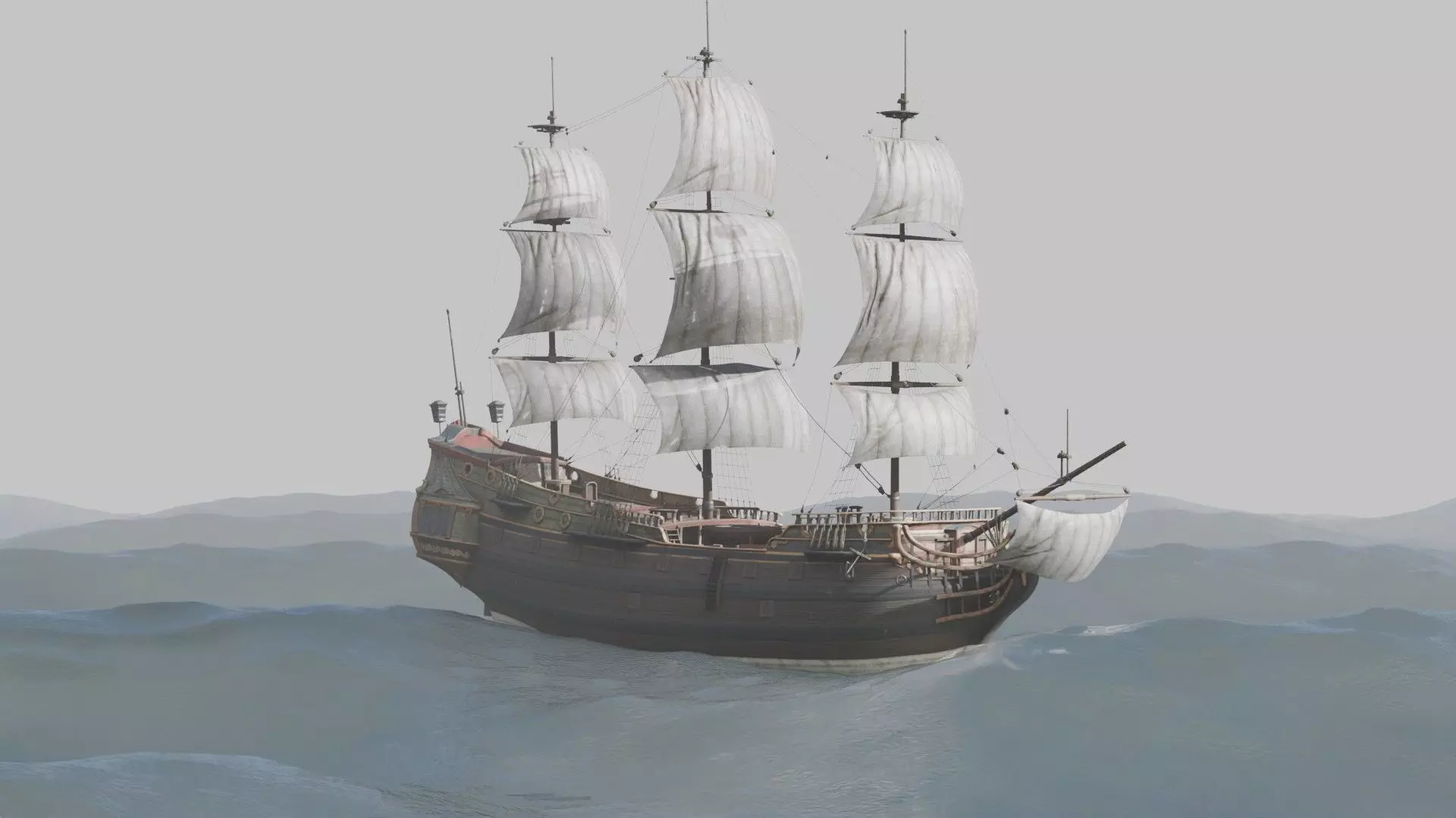 Pirate Ship In The Middle Of The Ocean 3D model_4