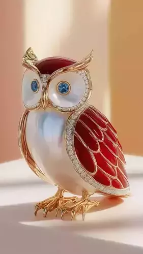 Luxury Owl Sculpture 3D Model Pearl Body Red Enamel Wings Low-poly 3D model