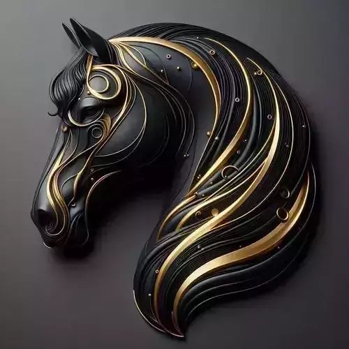 Luxury Horse Head 3D Model Gold Swirls Black Sculptural Design