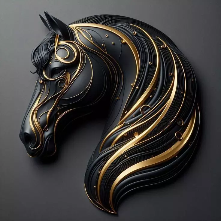 Luxury Horse Head 3D Model Gold Swirls Black Sculptural Design Low-poly 3D model_0
