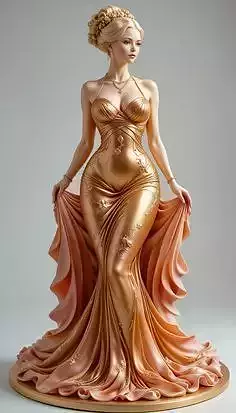 Luxury Golden Woman 3D Model Detailed Gown Sculptural Design