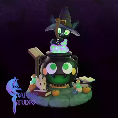 Figurine Halloween - Le Chat magicien et son Chaudron Magique