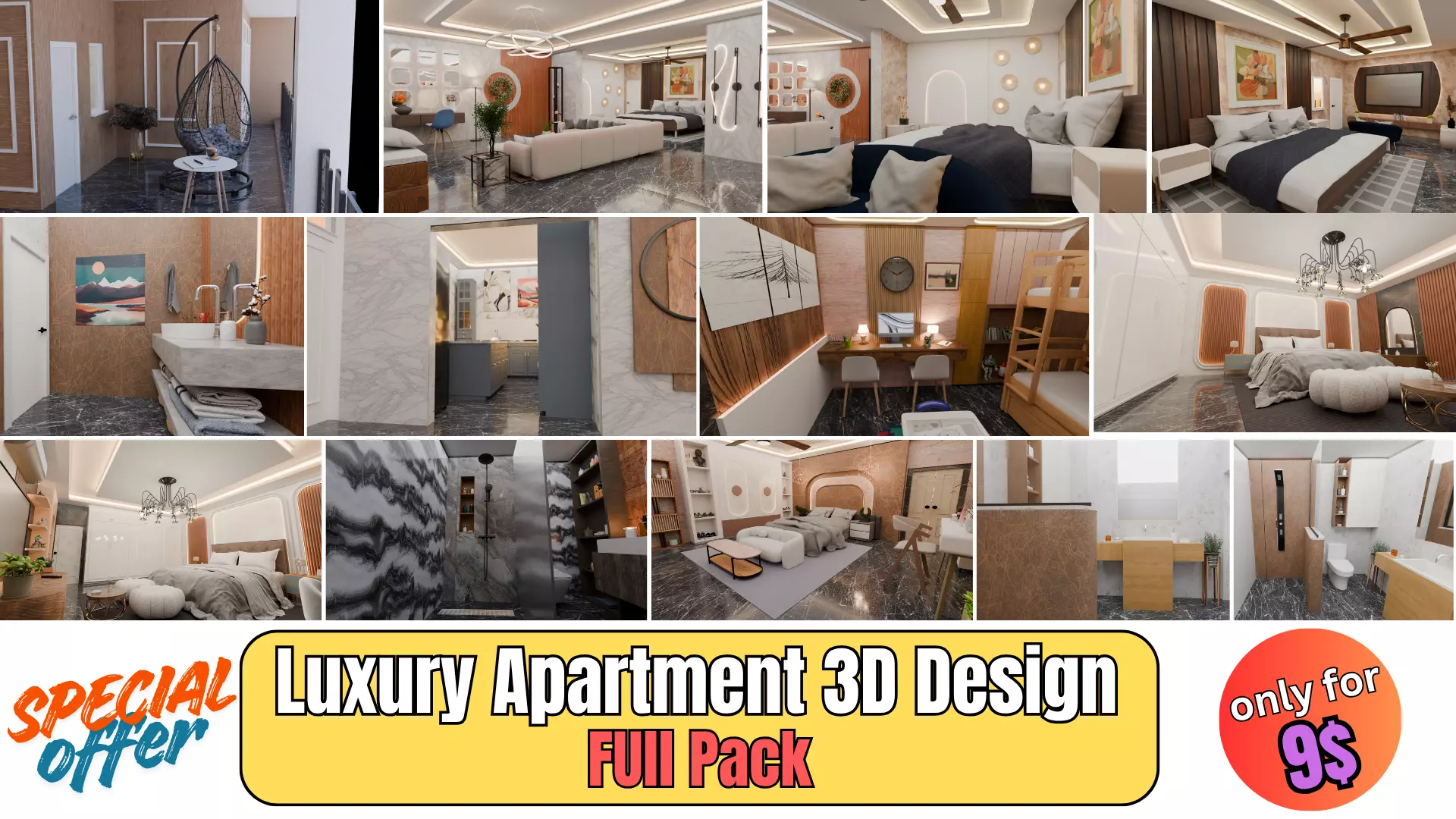 Full Apartment Pack Interior 3D Model Blender Scene Low-poly 3D model_0
