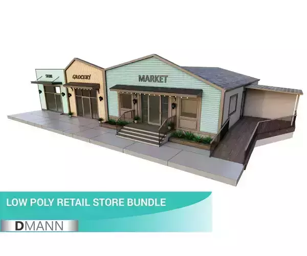Retail Store Pack - 3 Different Small Buildings Full Textured Low-poly 3D model