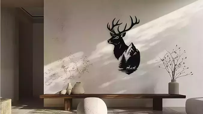 Majestic Deer Mountain Scene Wall Decor Art