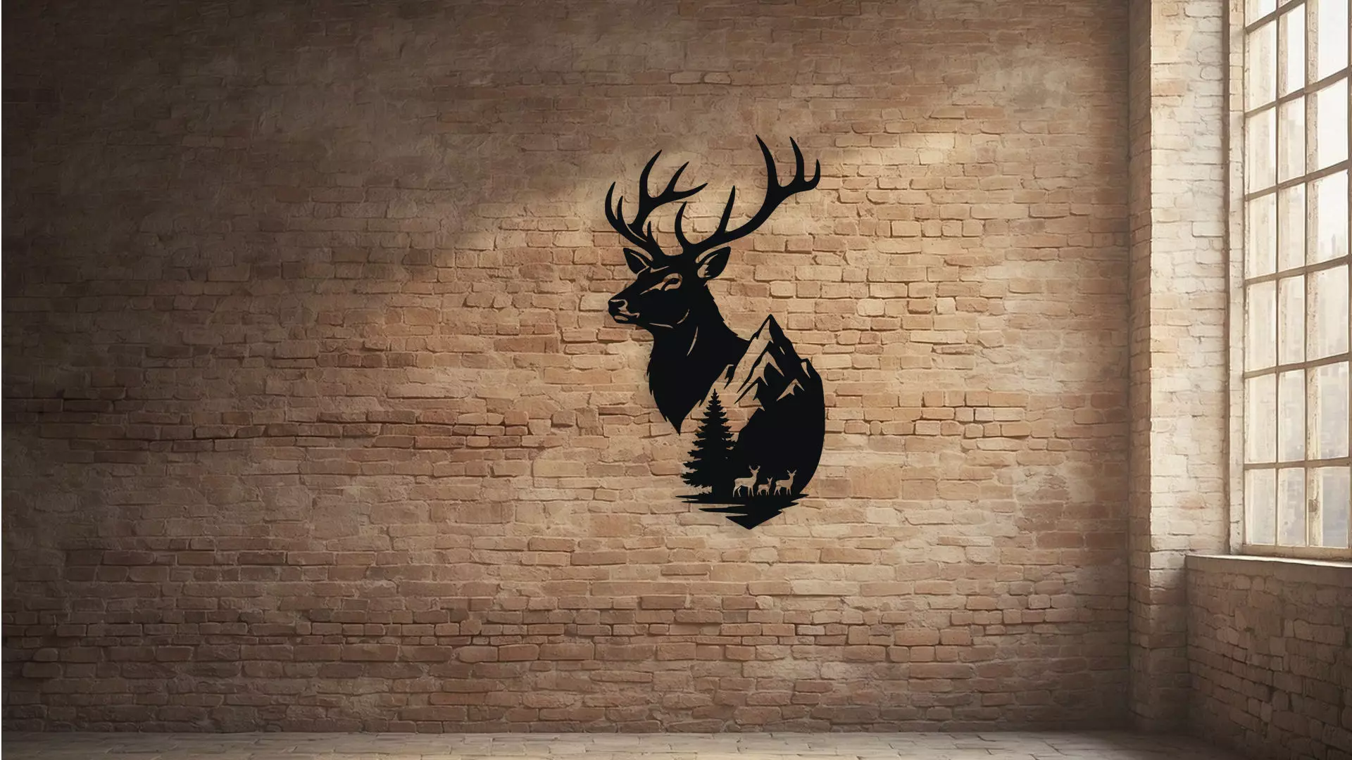 Majestic Deer Mountain Scene Wall Decor Art 3D model_2