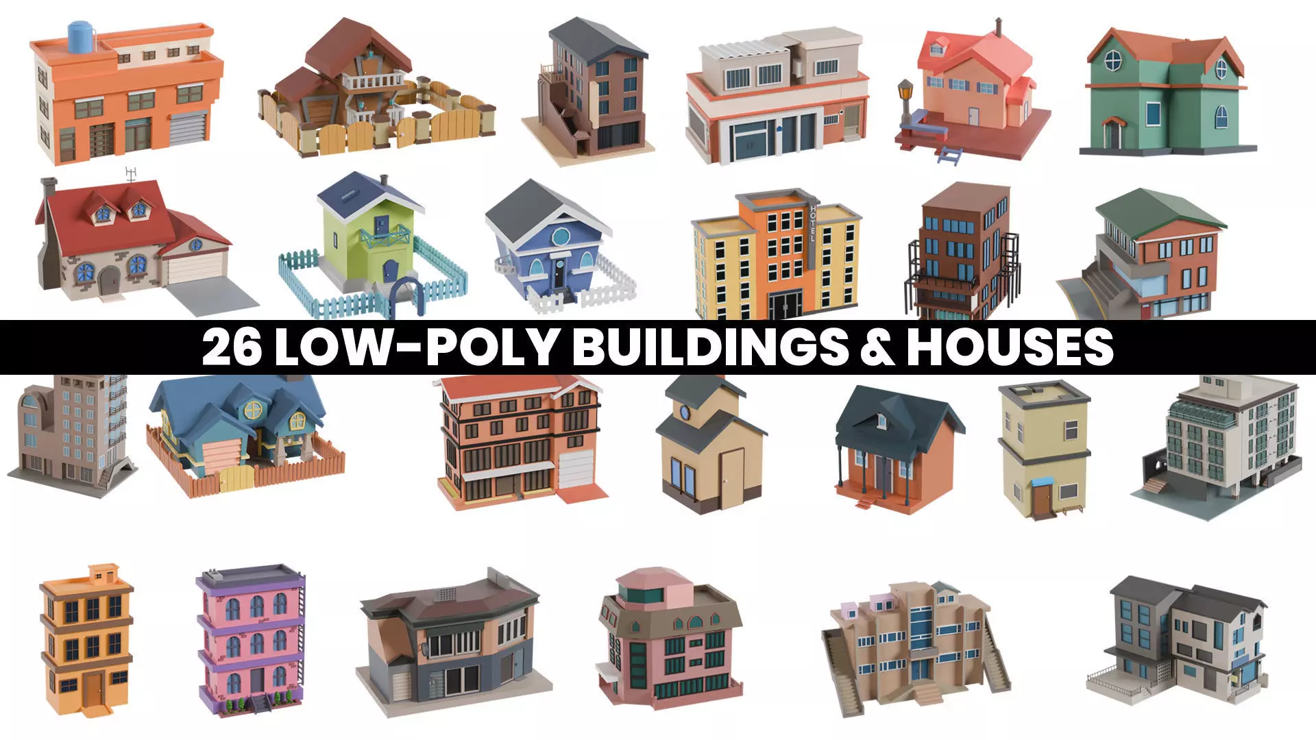 26 Low-Poly Buildings and Houses 3D Model Pack Low-poly 3D model_0