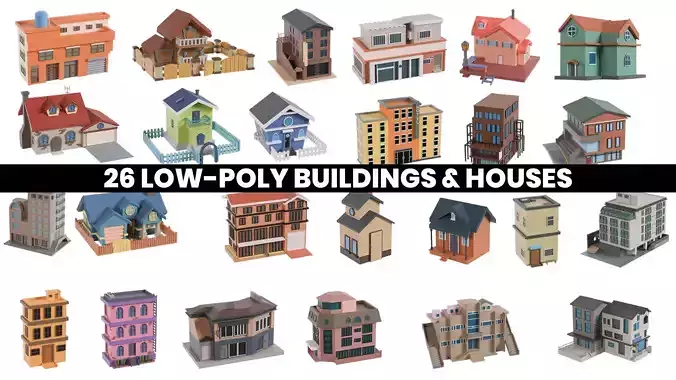 26 Low-Poly Buildings and Houses 3D Model Pack Low-poly 3D model