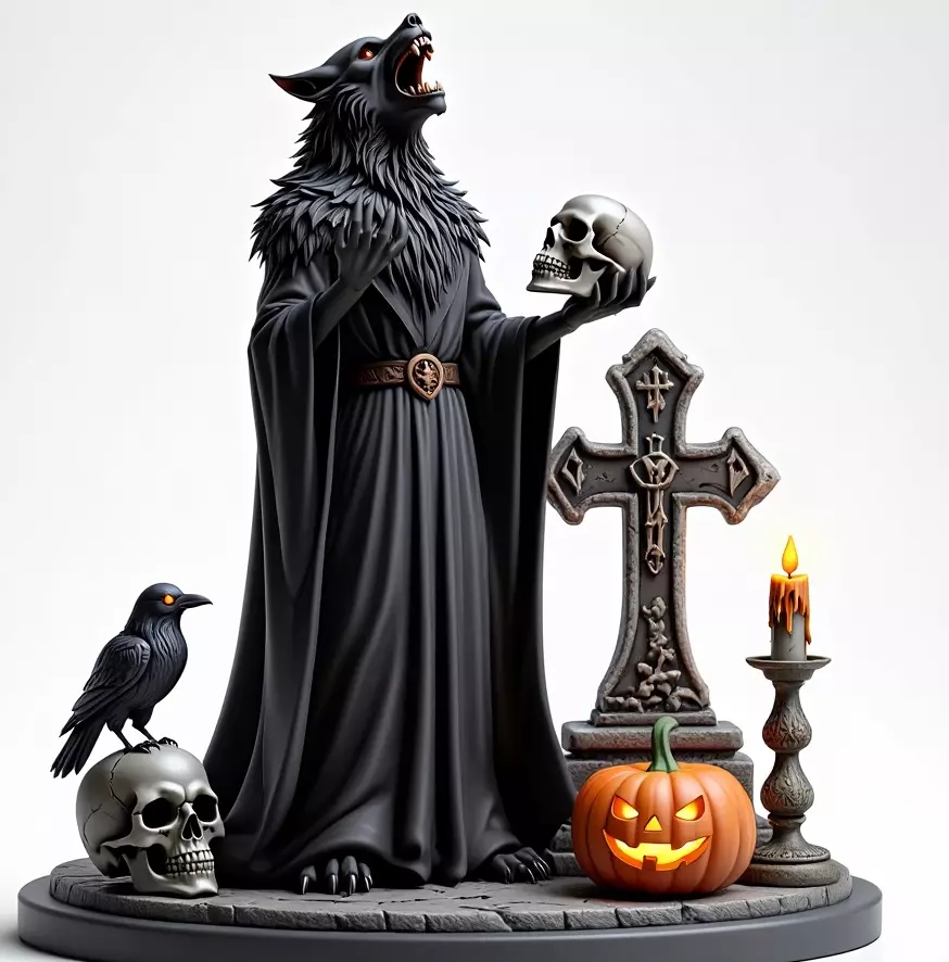 2555COLORFUL Werewolf Howling with Skull  3D Model  Halloween 3D print model_4