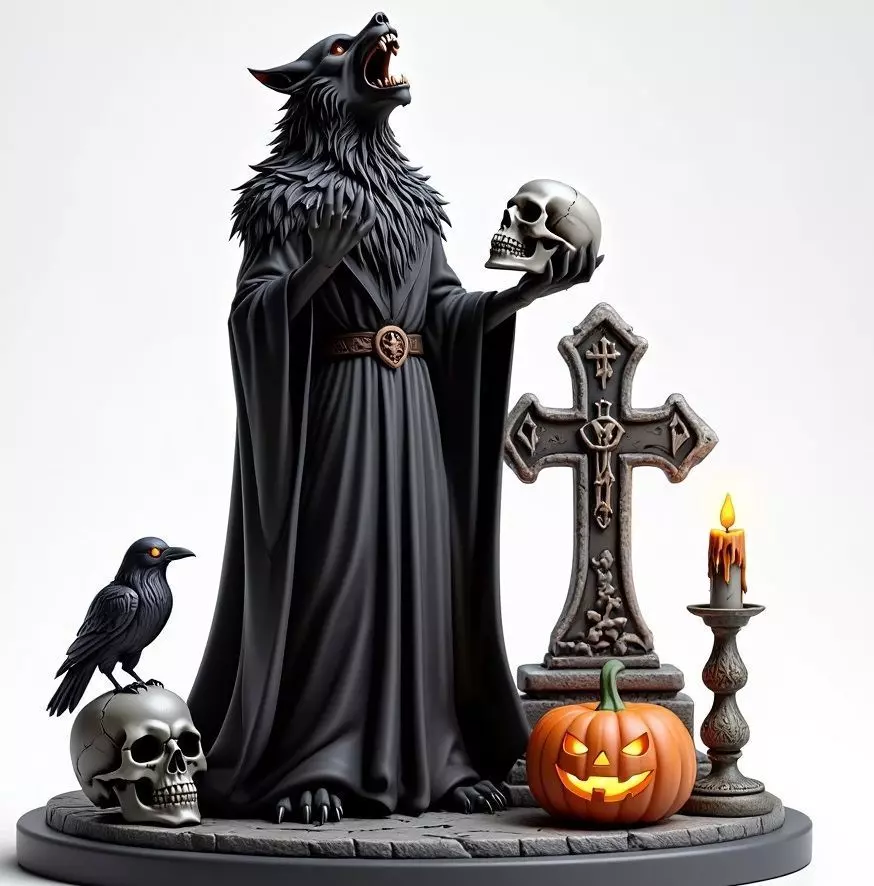 2555COLORFUL Werewolf Howling with Skull  3D Model  Halloween 3D print model_5