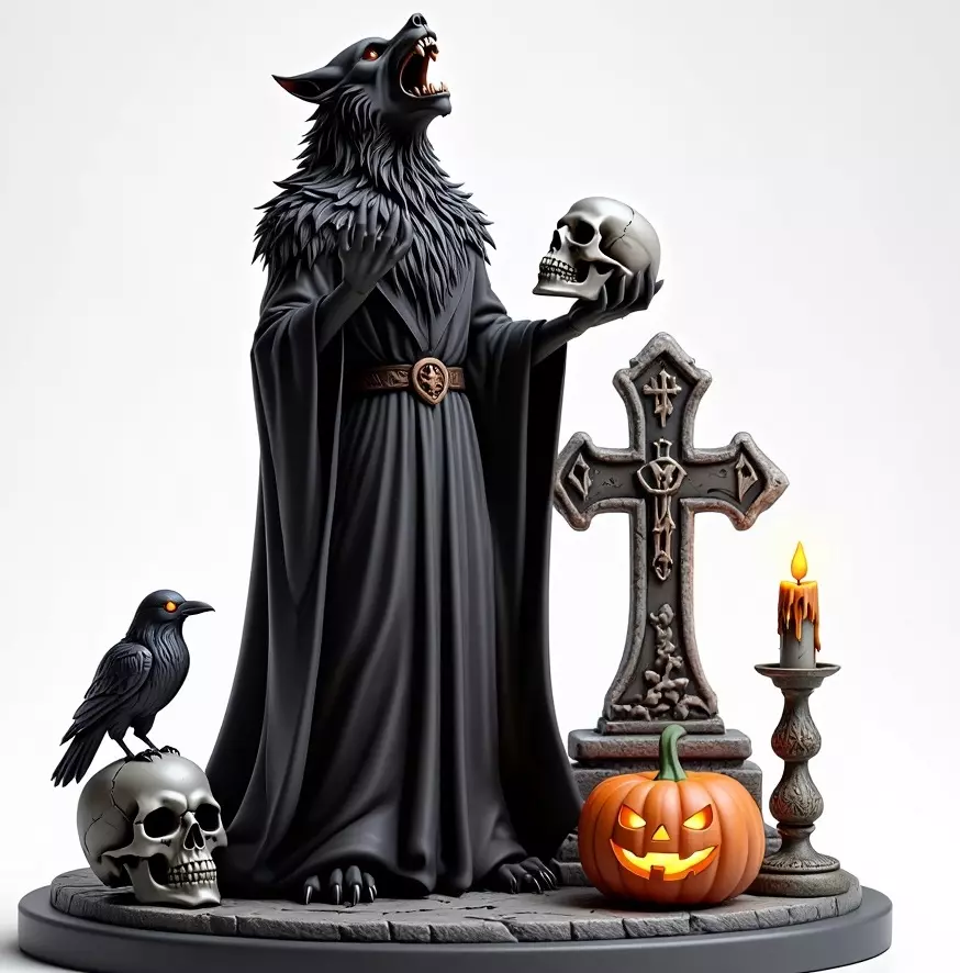 2555COLORFUL Werewolf Howling with Skull  3D Model  Halloween 3D print model_6