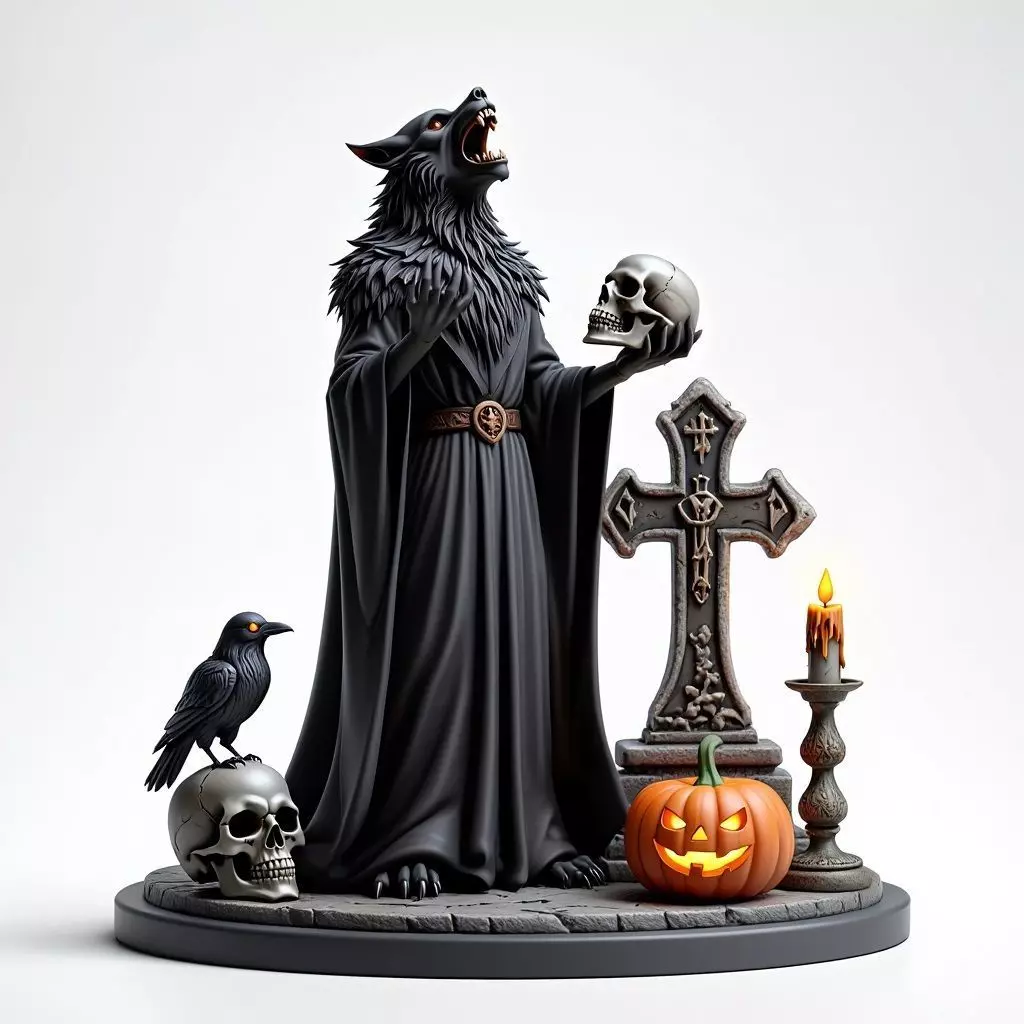 2555COLORFUL Werewolf Howling with Skull  3D Model  Halloween 3D print model_2