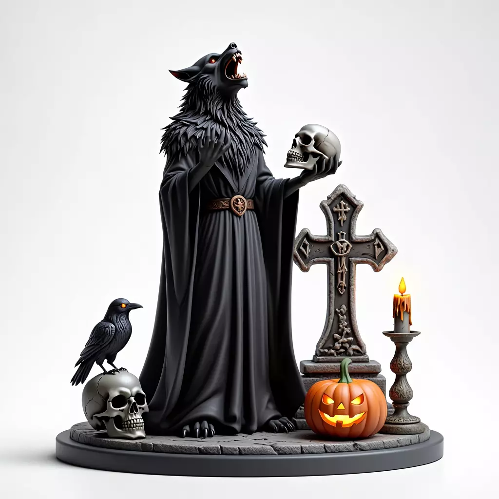 2555COLORFUL Werewolf Howling with Skull  3D Model  Halloween 3D print model_0