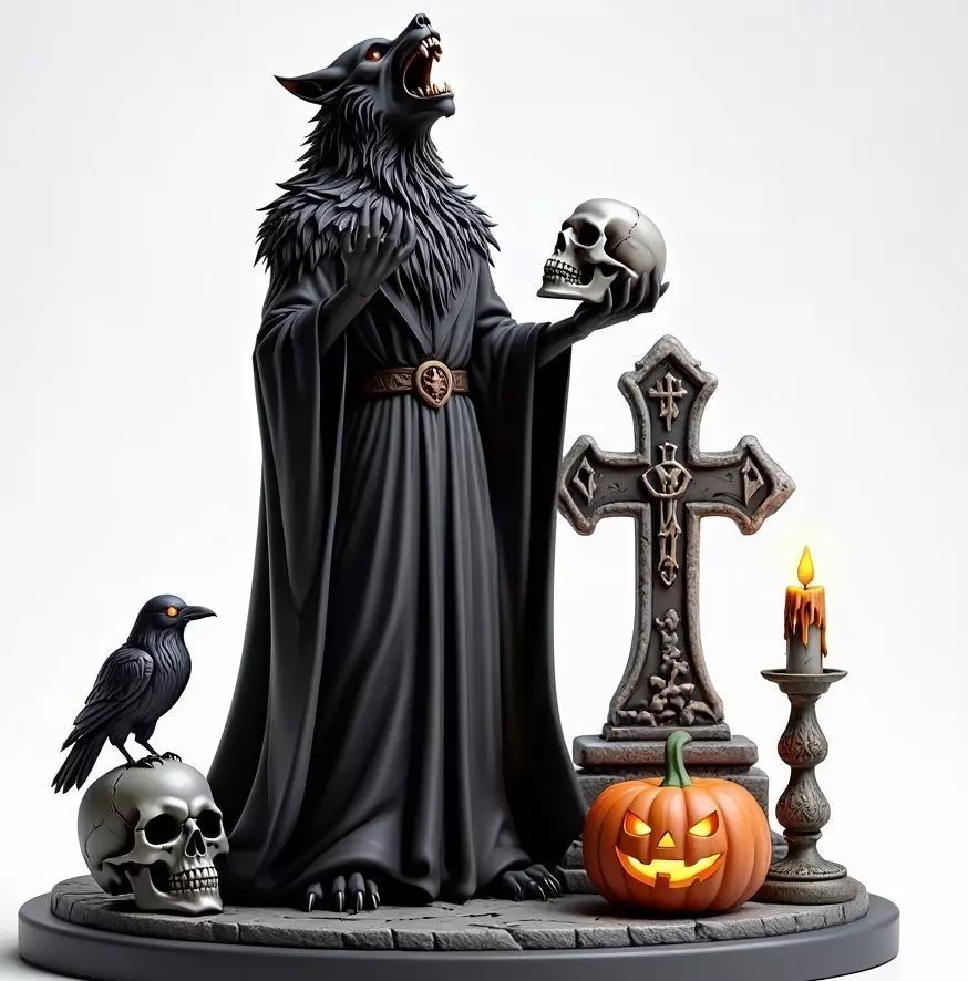 2555COLORFUL Werewolf Howling with Skull  3D Model  Halloween 3D print model_7