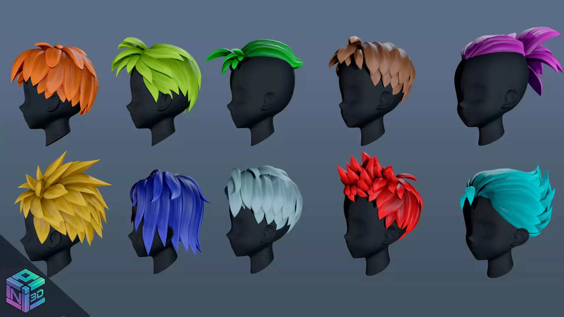 10 Stylized Low-Poly Male Hairstyles Low-poly 3D model_2
